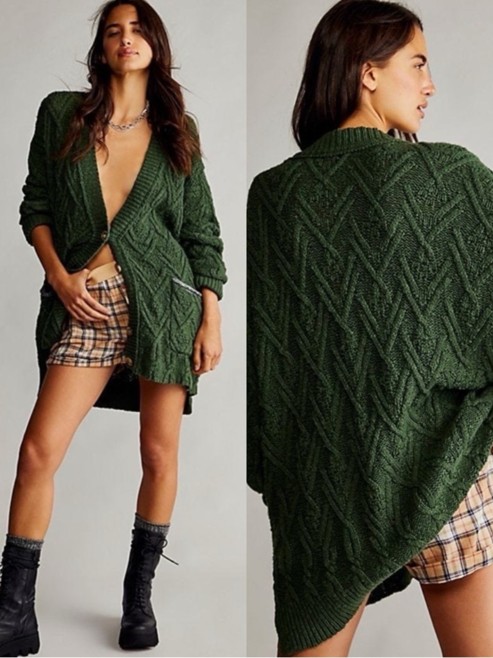 FREE PEOPLE Montana Green Cable Knit Button Up Cardigan Sweater